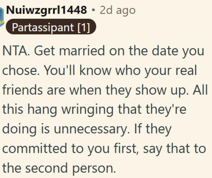 Stand firm on your wedding date and let your friends decide