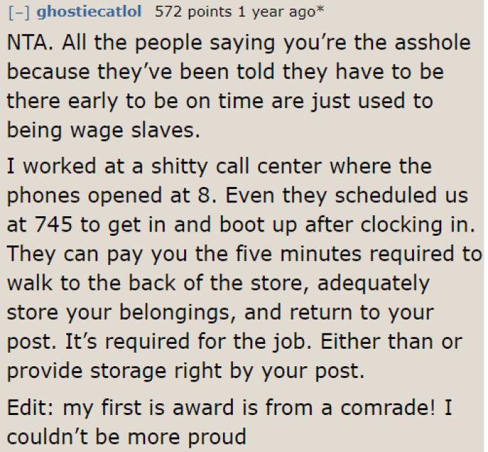 A Redditor has strong opinions about people working on the dot, claiming they're being wage slaves.