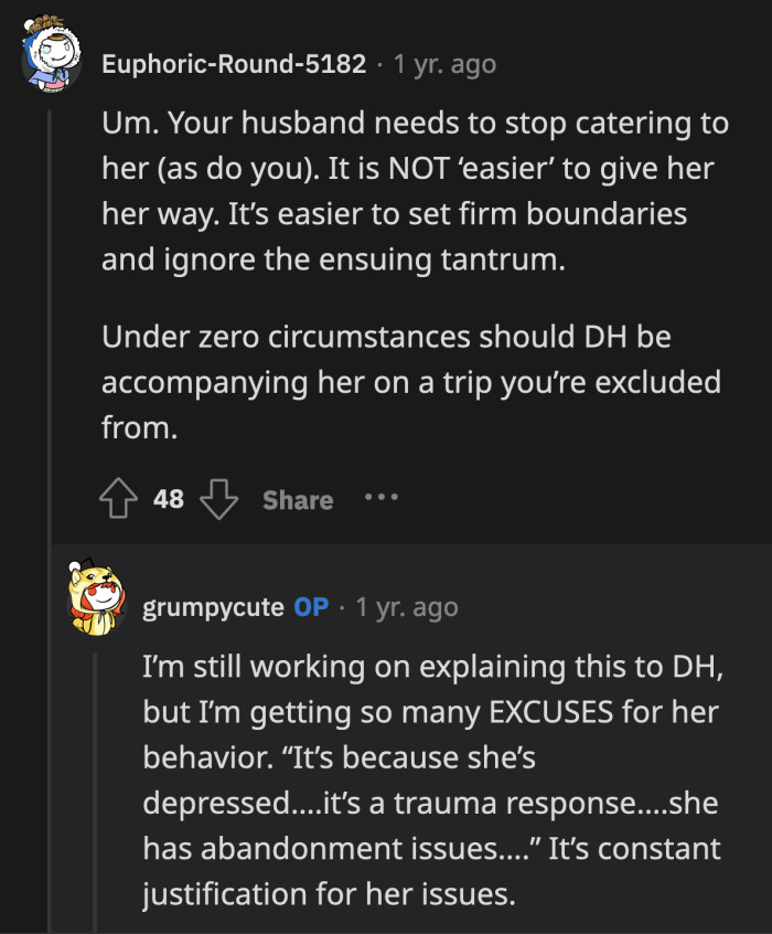 OP needs to help her husband see how manipulative and unhealthy his mother's behavior is