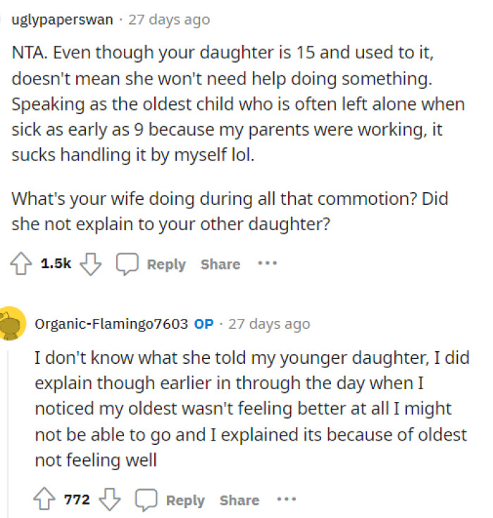 People kind of came for the wife in how she explained the situation and asked if his wife had stepped up to tell the daughter anything. OP responded and gave us a little more information on what happened prior to him not going.