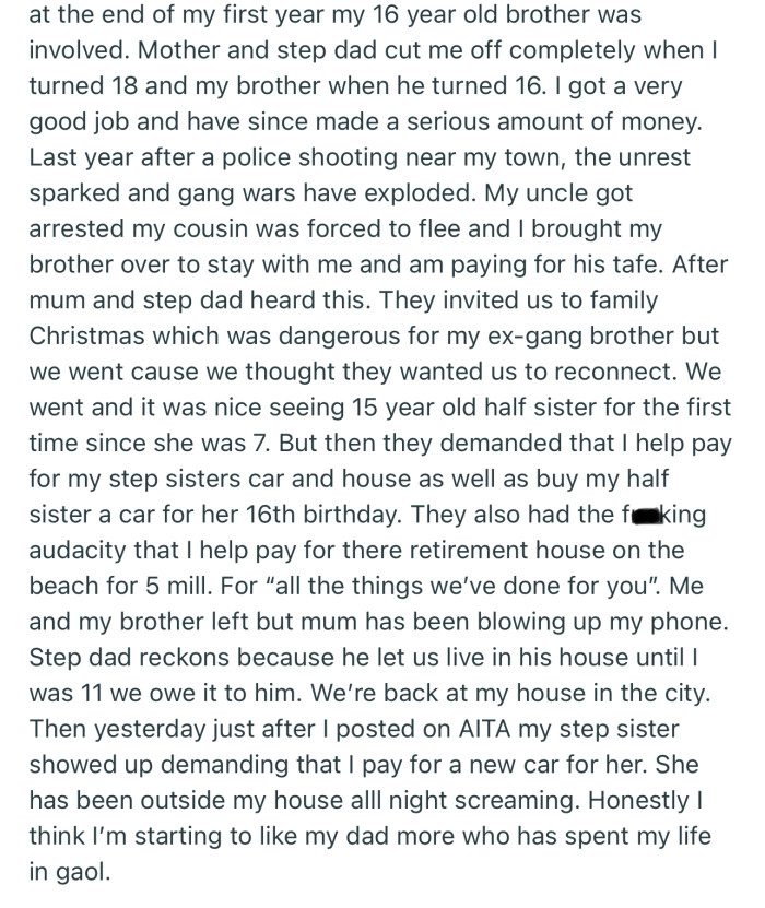 OP Eventually Became Successful, Only for Their Mom and Stepdad to Start Making Financial Demands