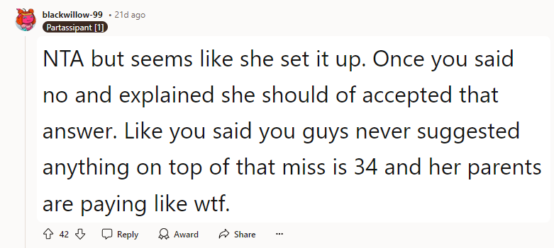 NTA, but it seems like she set it up.