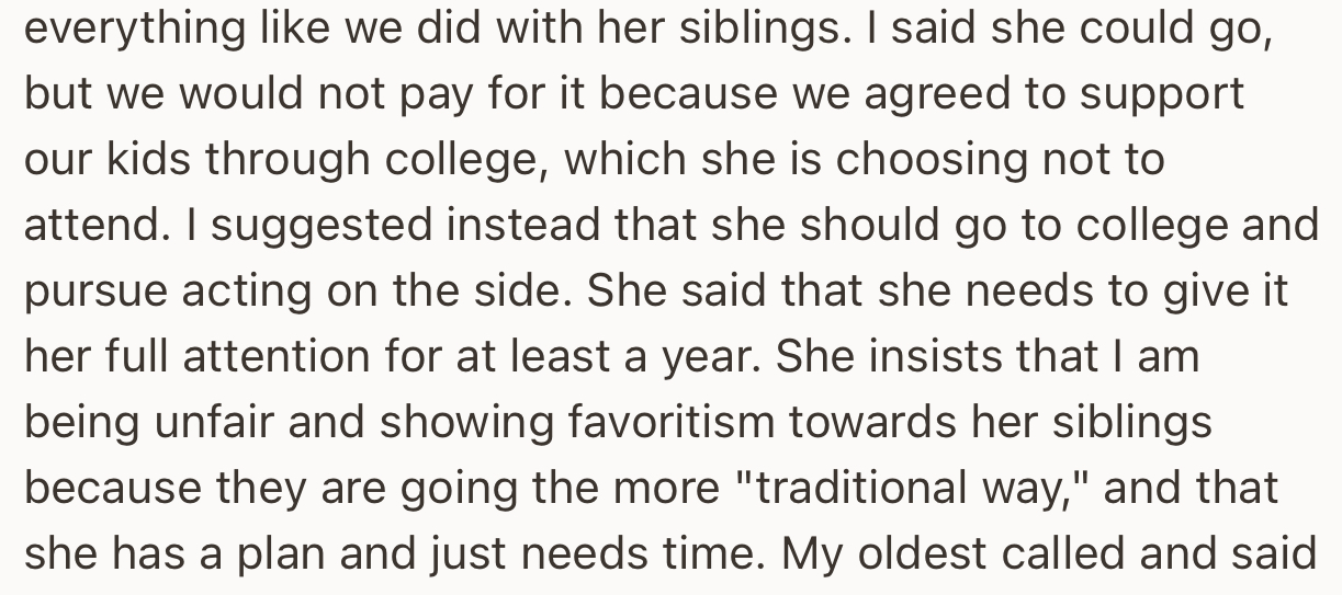 The Problem Is, OP and Her Husband Are Not Willing to Finance This Dream. Thus, Their Youngest Feels She’s Being Treated Unfairly