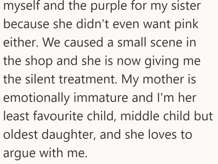 She pays for the sheets herself and makes sure her sister still gets purple, though the disagreement leads to a silent treatment at home.