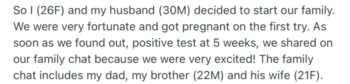 OP and her husband shared news about their pregnancy in the family group immediately after it was confirmed
