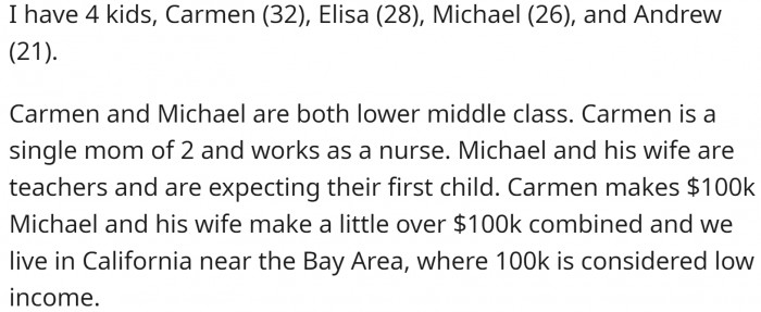 She has four adult children, most of whom are lower middle class.