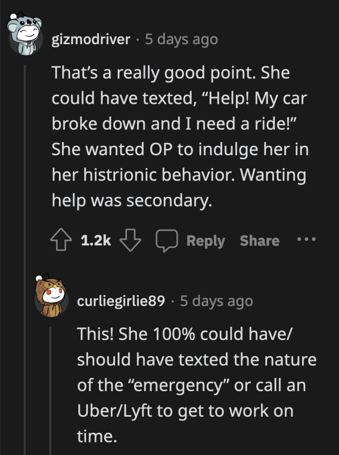 She could have looked for other solutions instead of bugging one person who had already said they were busy