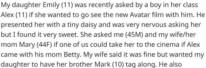 OP's daughter Emily (11) was recently asked by a boy in her class, Alex (11), if she wanted to go see the new Avatar film with him