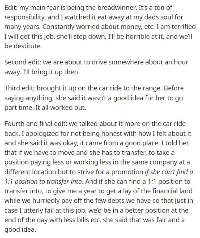 He adds a few edits at the bottom of his post to explain his fears and overall concerns about how their life would change after this.