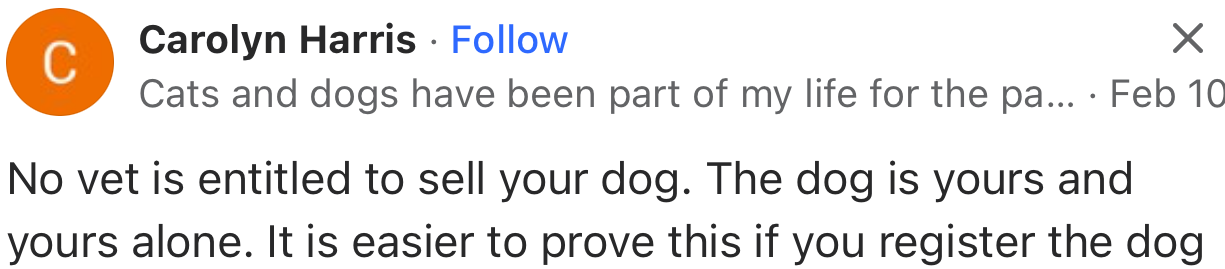 “No vet is entitled to sell your dog. The dog is yours and yours alone.”
