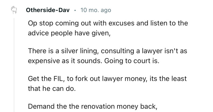 “Get the FIL to fork out lawyer money; it's the least that he can do.”