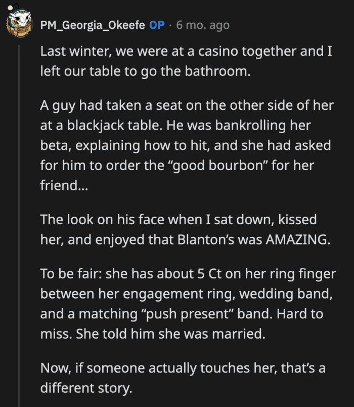 It wasn't the first time that OP and his wife turned the tables on the person who tried to hit on her.