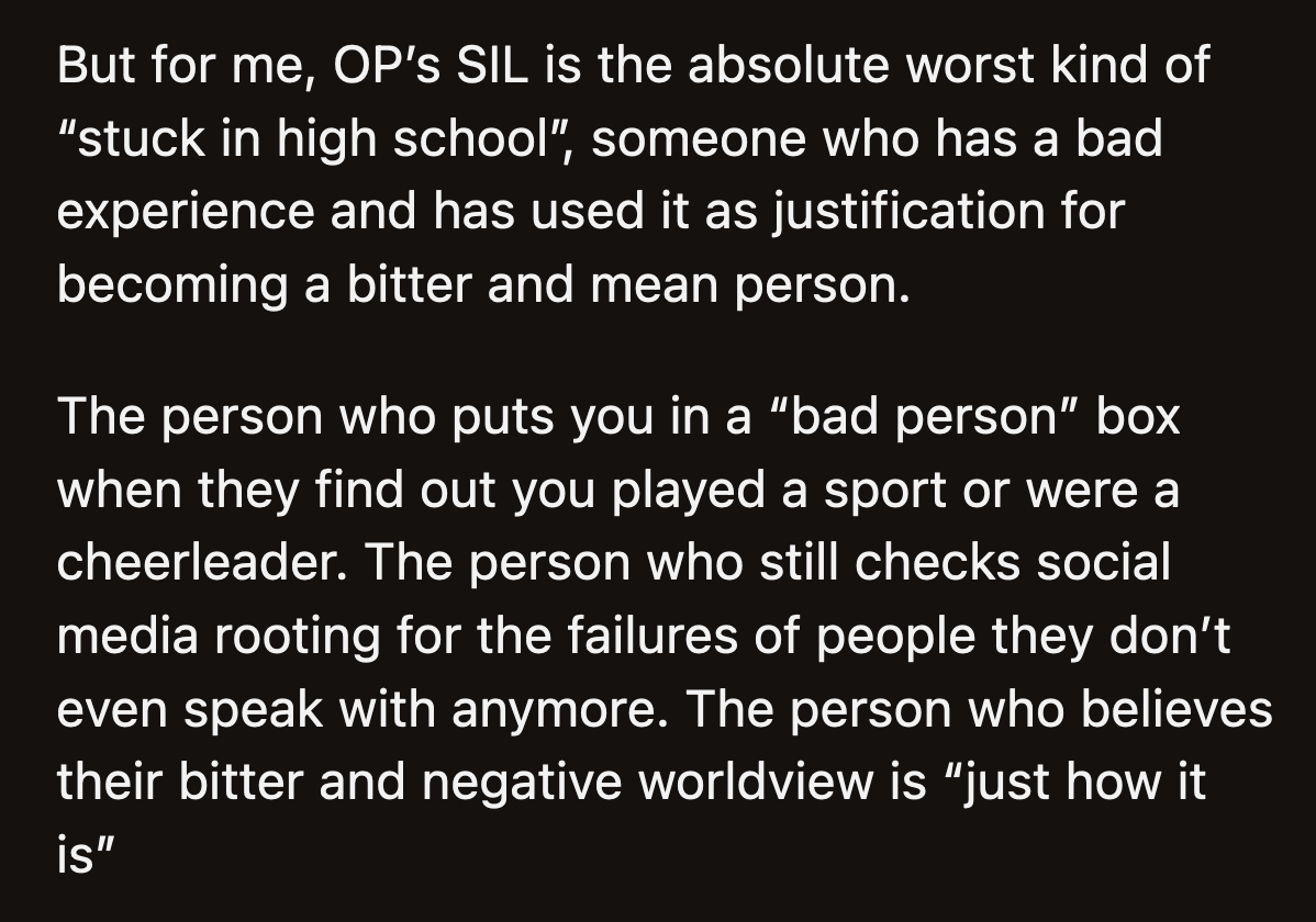 OP's cheerleading past does not make her a bully.