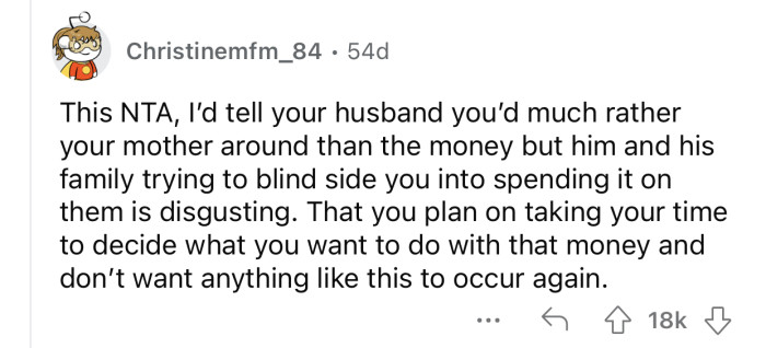 It's disgusting that the husband's family expected her to foot their bill.