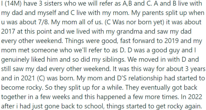 OP's parents divorced when he was around 7 or 8 years old.