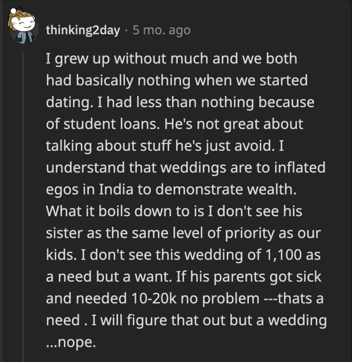 OP said her husband is an avoidant partner. Discussions make him uncomfortable. Ultimately, OP wants her husband to see why their children should be prioritized over his sister.
