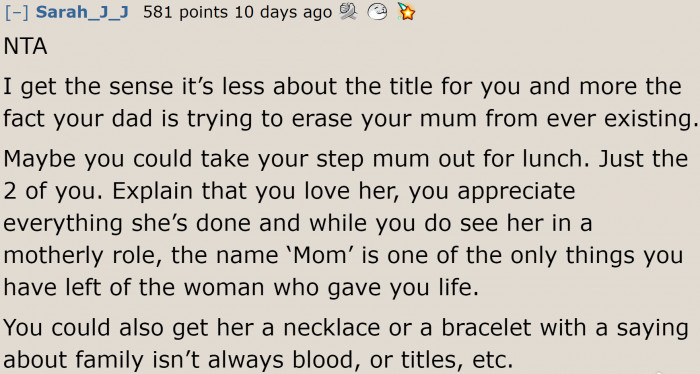 Perhaps softening the stepmom's heart further might work. Maybe she can communicate what the son can't say to his dad.