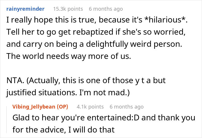 Tell her to go get rebaptized