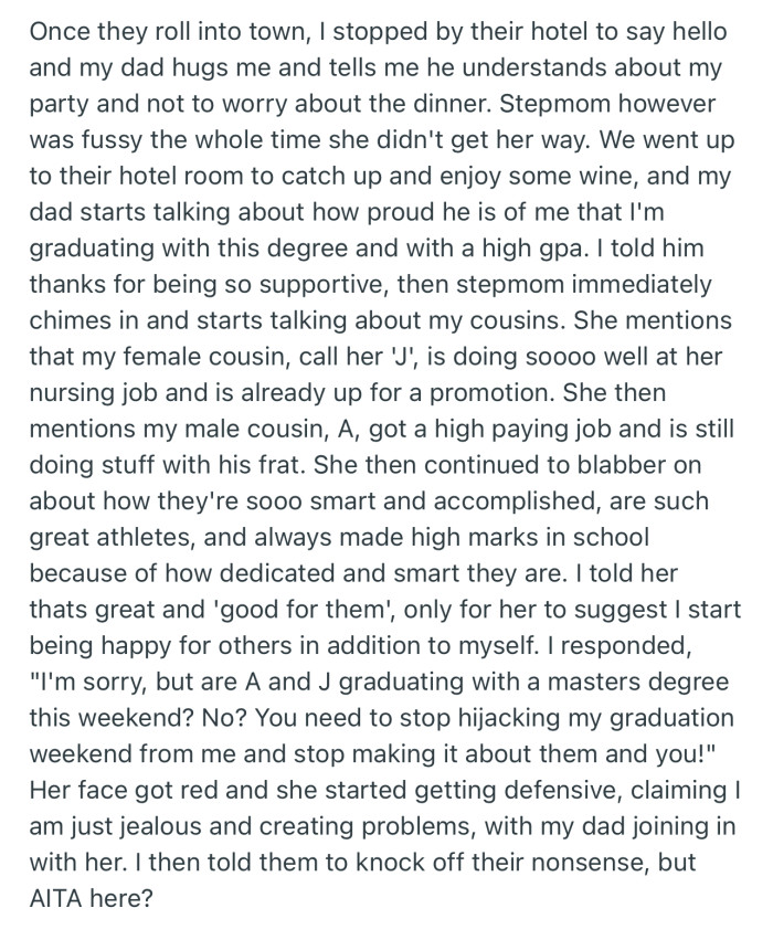 OP’s stepmom started to compare her achievements with those of her cousins
