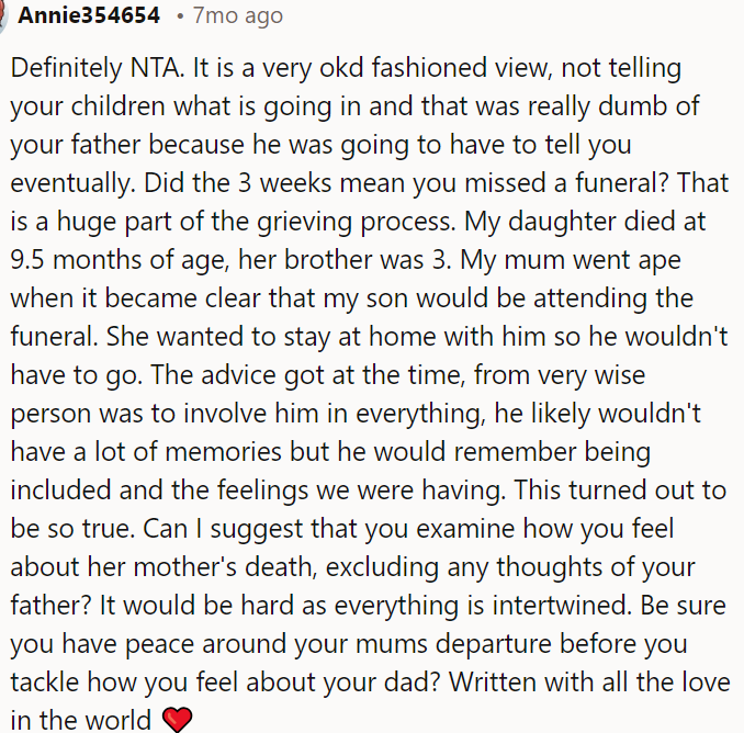 Keeping children in the dark is an outdated approach; OP's father's decision was unwise as he would have had to tell him eventually.