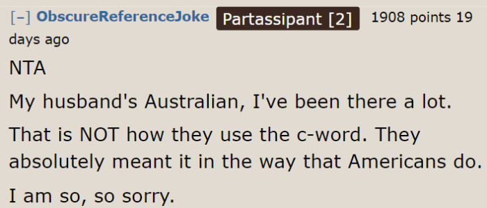 People in the comments quickly stated that OP was NTA and that this is not how this word is used.