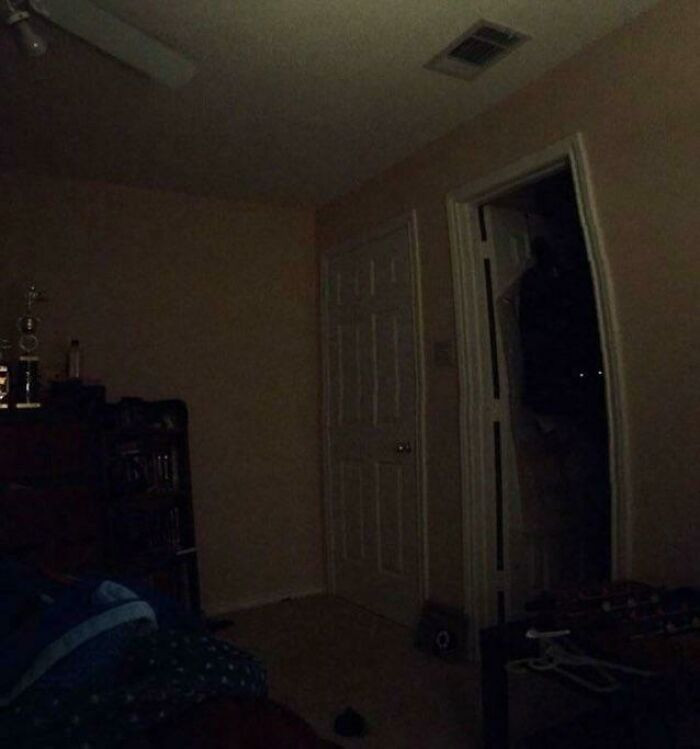 "On my first night in my new room, I wanted to take a picture of it and post it on Twitter, but then I saw this in my closet. I don’t know if it’s a trick of the light or something, but it’s creeping me out."
