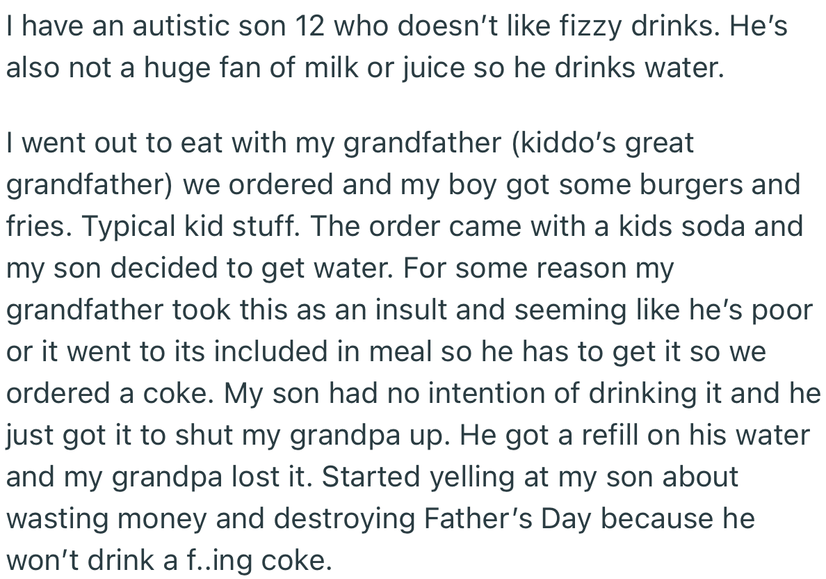 OP's grandfather was upset that their son chose to drink water during their Father's Day outing instead of soda
