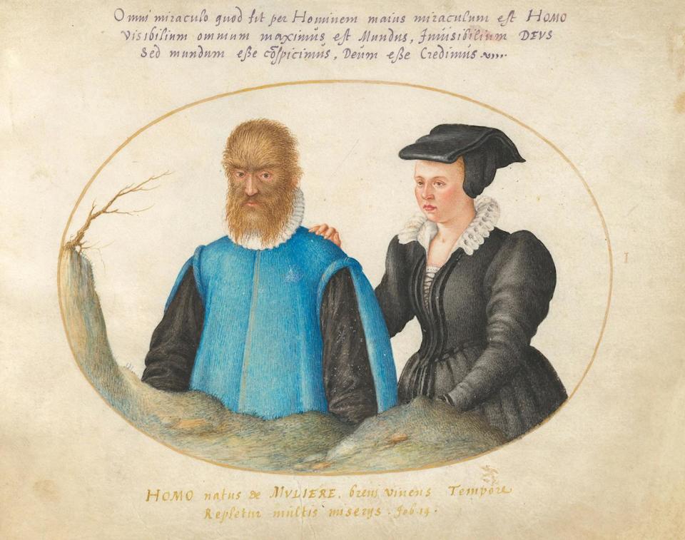 Portrait of Petrus Gonsalvus and his wife Catherine, painted by Joris Hoefnagel around 1575.