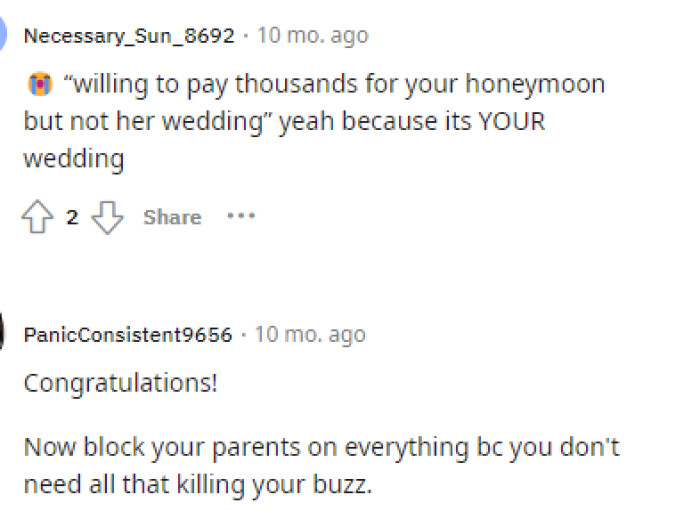 This is exactly what we would say too because clearly, we'd spend that on our own wedding, but not our mother's fifth wedding.