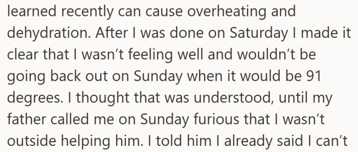 After nearly passing out once, she drew a clear line—but her father saw it as disobedience, not self-care.
