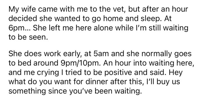 OP's wife went with her to the vet but decided to leave after about an hour.