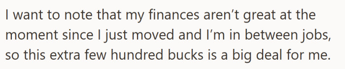 With money tight after a big move, even a few hundred dollars feels like a heavy burden.