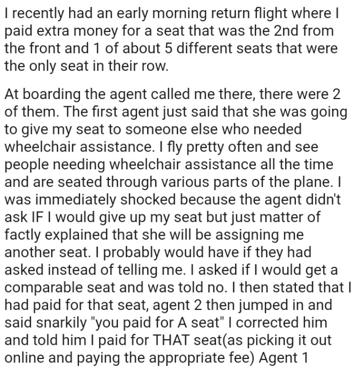 The First Agent Told the OP That She Was Going to Give His Seat to Someone Else