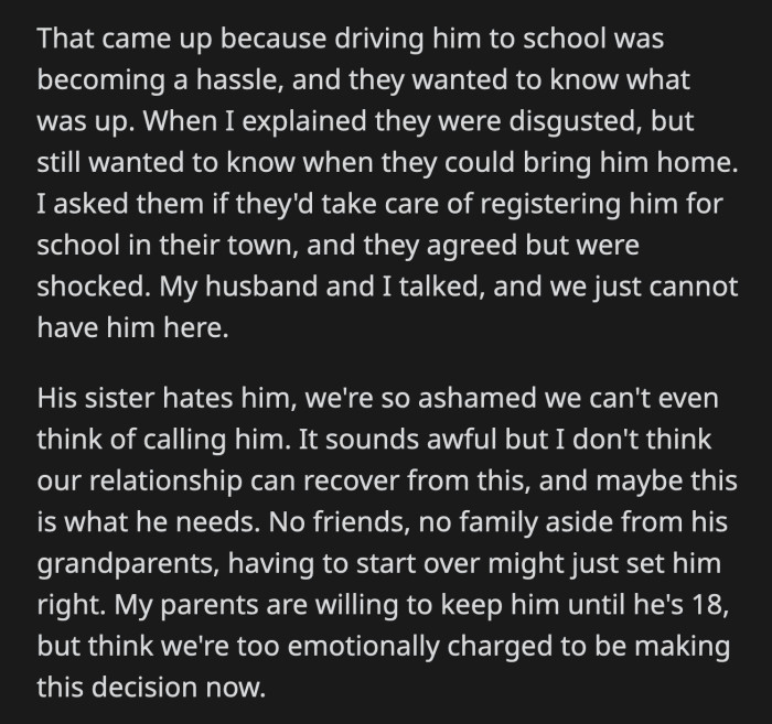 OP told her parents what happened two days later and asked them to register her son to a school in their town. OP doesn't think their family bond can recover from this but her parents said they may have overreacted.