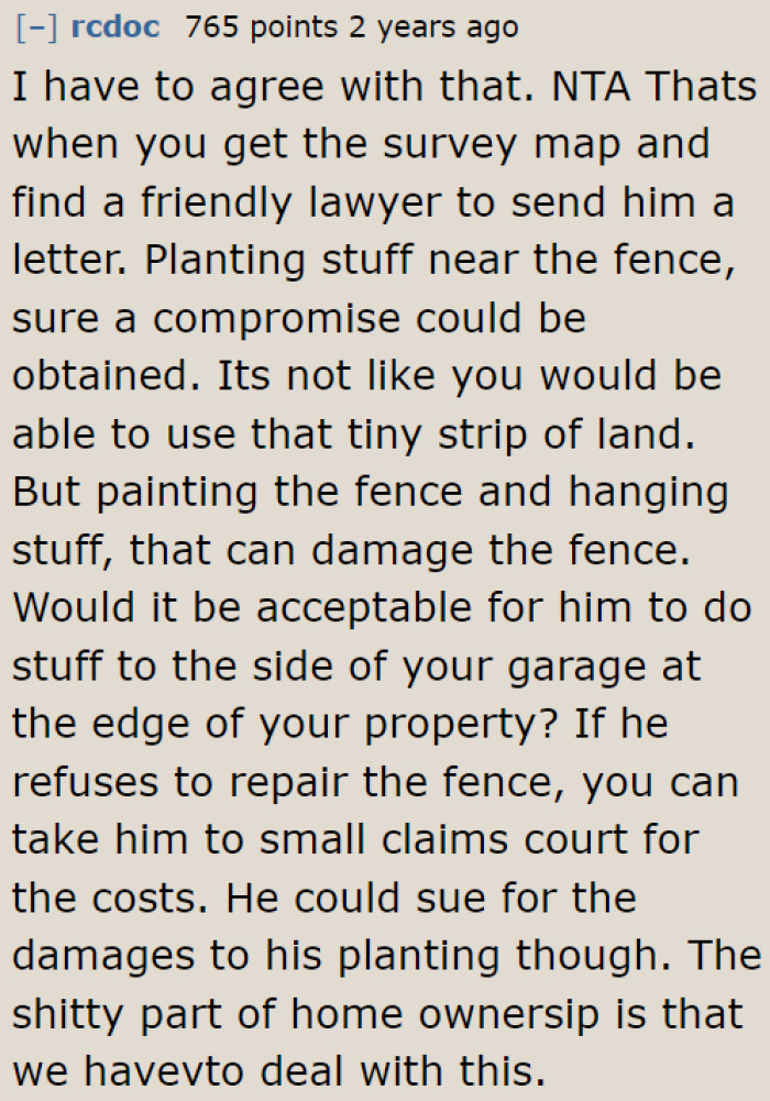 Painting the fence could cause damage to property, and the neighbor didn't even consider it.