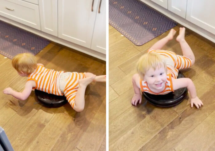12. I heard the robot vacuum beeping a bunch in the kitchen, so I came around the corner to find this…