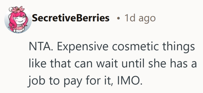 For many, the timing felt simple. Extras can wait until she can fund them herself.