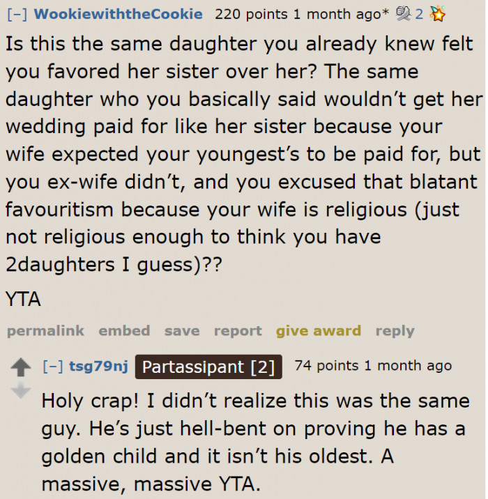 Redditors looked into his profile. It seemed that he was favoring his other daughter.