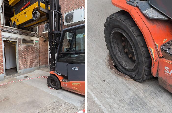 "Was Lifting The Scissor Lift Out With The Fork Lift, Something We Do Every Month Or So. This Has Never Happened Though"