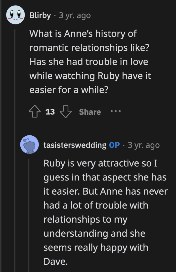 Could this be caused by an unknown friction between Anne and Ruby's previous dating history?