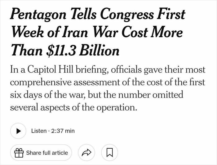 "First Week Of Iran War Cost More Than $11.3 Billion"