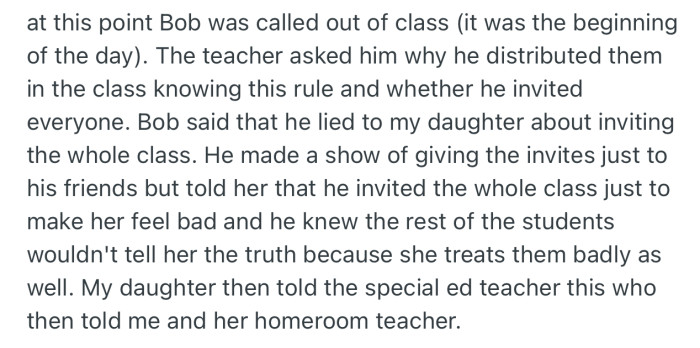 Bob was called from class to join the meeting. There, he admitted tricking OP’s daughter into thinking he invited the whole class because he wanted to get back at her for being mean to him and their other classmates