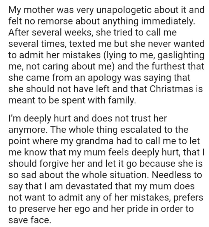 She should not have left as Christmas is meant to be spent with family