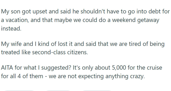 OP is against paying for a family vacation and expects his son to go into debt