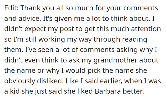 Grateful for advice, processing questions about not consulting the grandmother about the name, as her childhood preference for Barbara adds tension.
