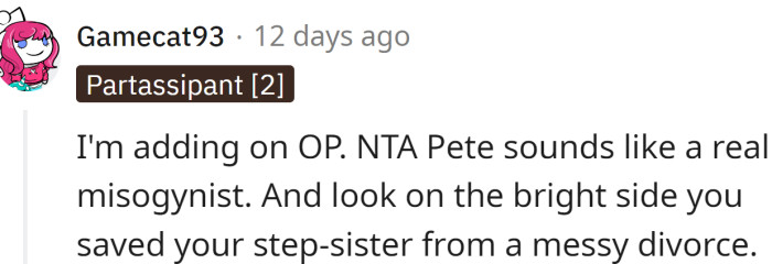 OP probably saved her stepsister from a messy divorce.