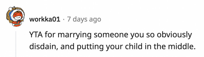 A commenter said OP is at fault here for marrying a person he doesn't like and making his daughter collateral damage.