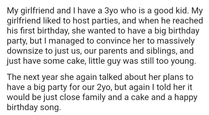 The first time, the OP managed to convince her to massively downsize to just them, their parents, and siblings.
