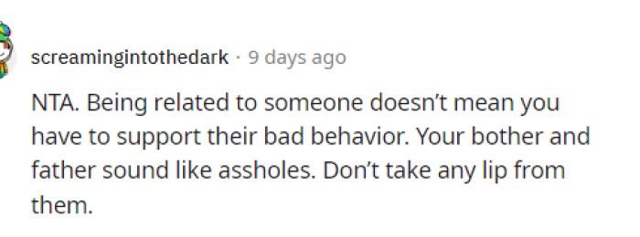 This is something to really live by because just because you are related doesn't mean that you need to support their decisions or what they have to say.