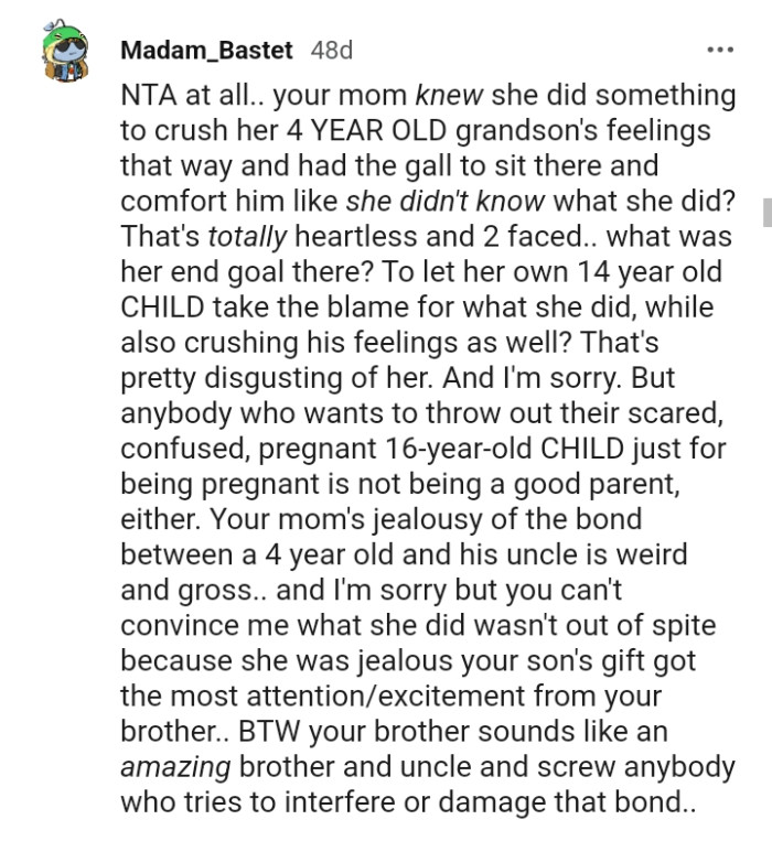 OP's mom knows she did something to crush her grandson's heart